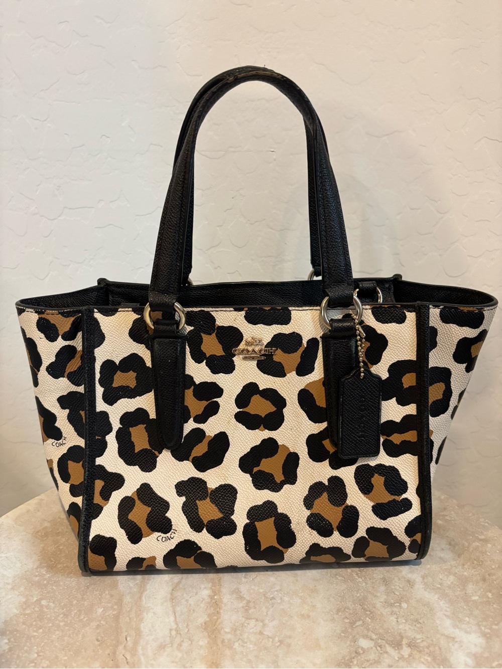 Coach Mini Crosby Carryall Leopard Print Tote Bag in Black & Brown